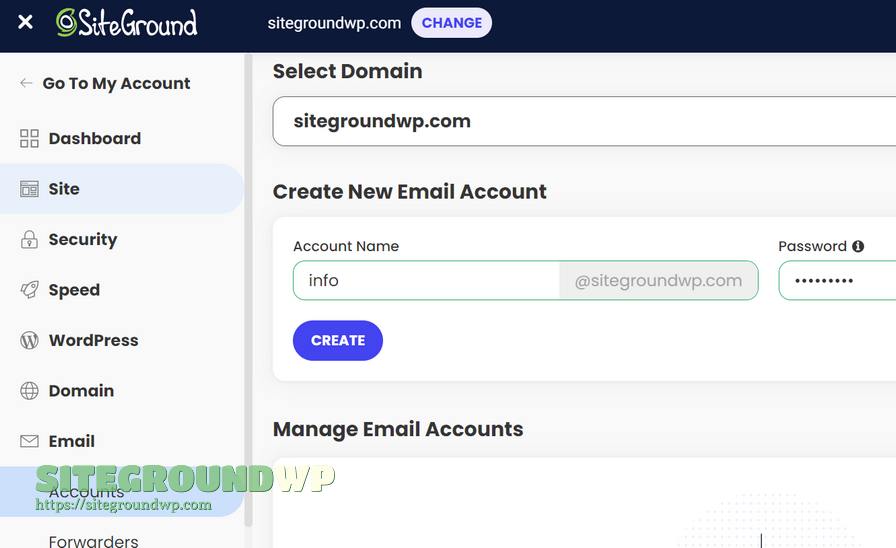 SiteGround 新建邮箱账号填写 Account Name 和 Password