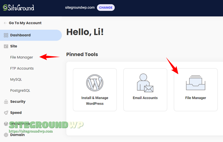 SiteGround File Manager 顶部工具栏功能按钮