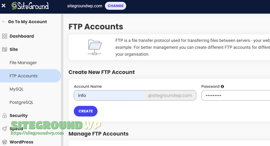 SiteGround FTP Accounts 新建 FTP 账号表单