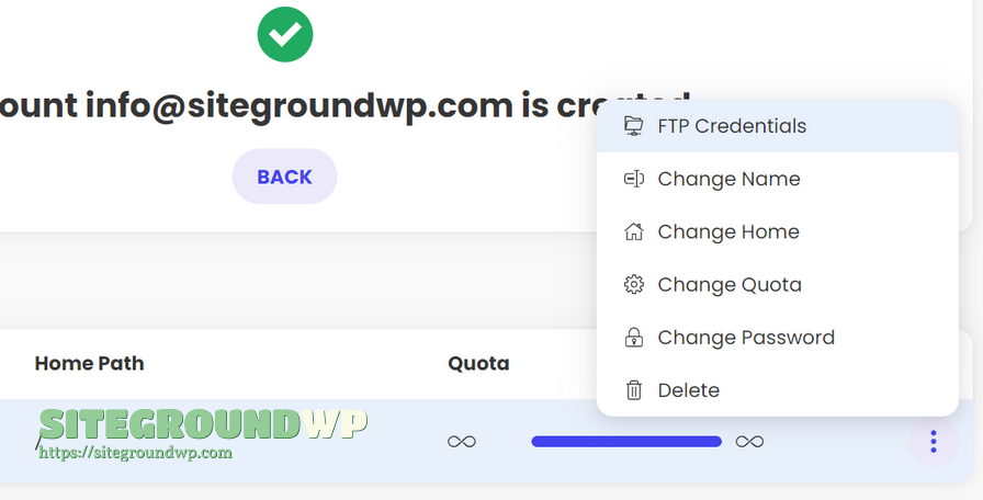SiteGround FTP 账号列表中的管理菜单
