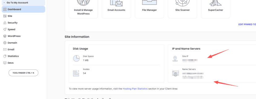 SiteGround 后台的服务器 IP 与 Name Servers