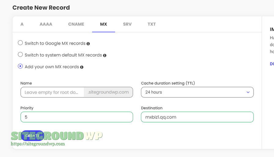 SiteGround DNS Zone Editor 新建 MX 记录界面