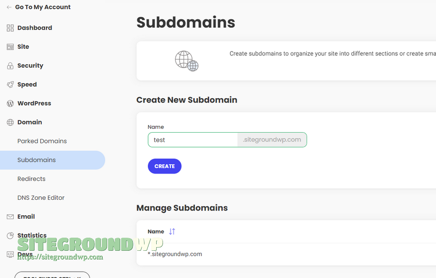 SiteGround Subdomains 页面创建子域名输入界面