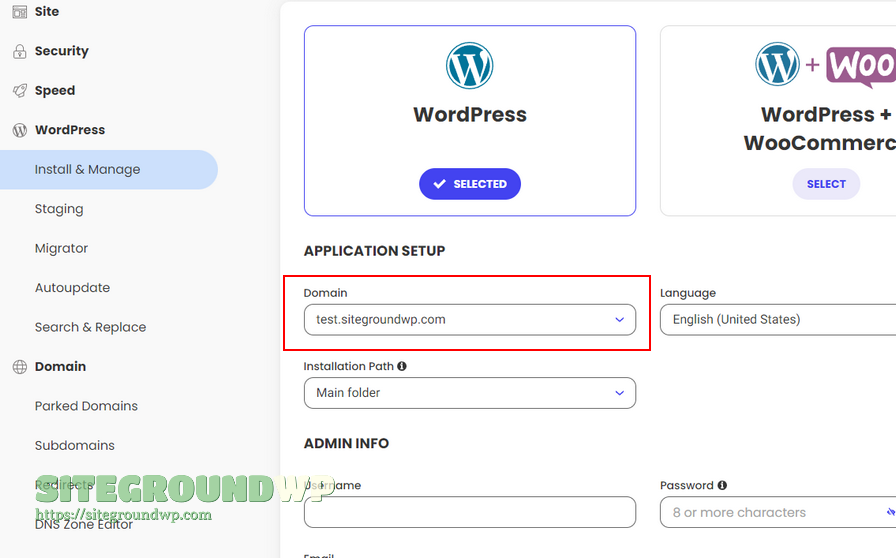 SiteGround WordPress 安装界面选择子域名并填写管理员信息
