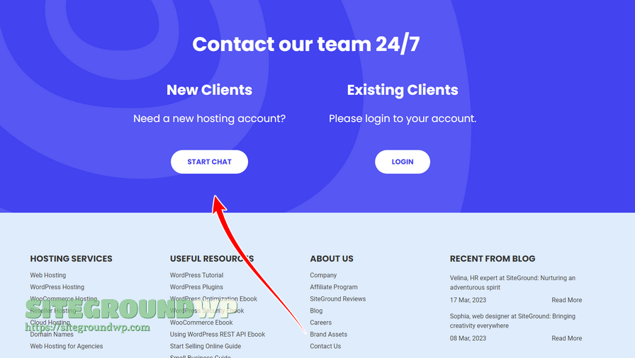 SiteGround 联系页面 START CHAT 在线聊天按钮