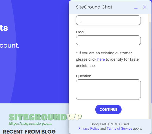 SiteGround 在线聊天窗口填写姓名邮箱和问题