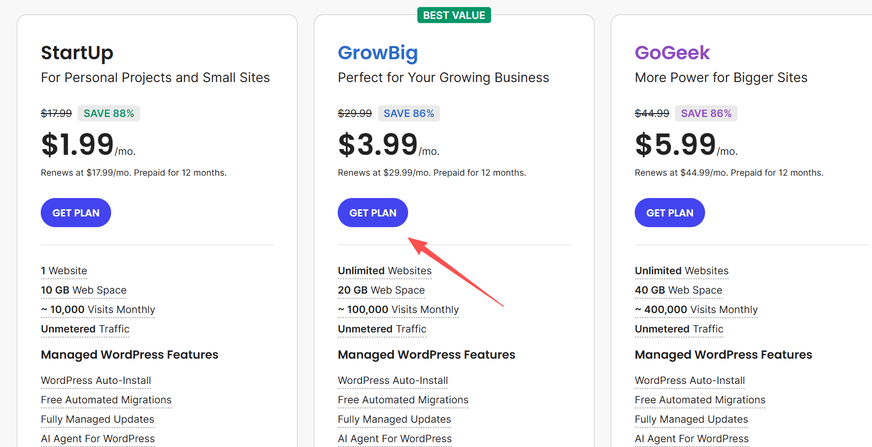 SiteGround 套餐选择界面 GrowBig 与 StartUp