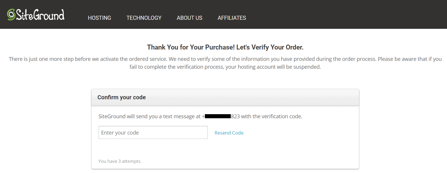 SiteGround's sign-up process - verification