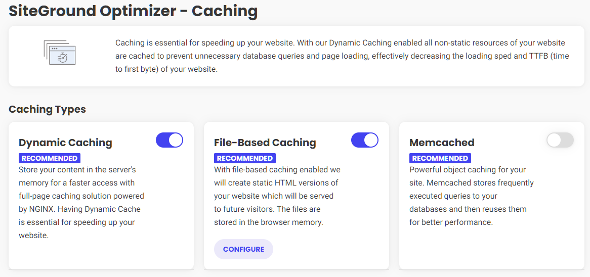 SiteGround's Optimizer plugin's caching options