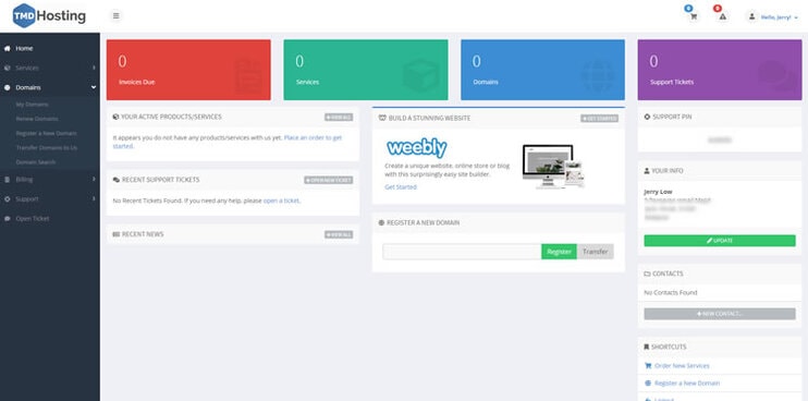 TMDHosting user dashboard